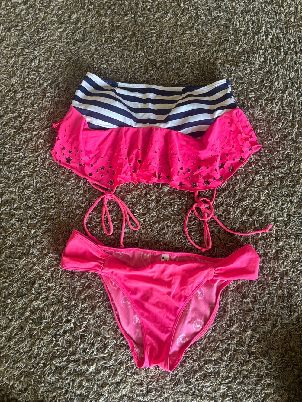 Striped Ruffle Bikini Top with Hot Pink Star Skirt and Matching Bottoms VS PINK
